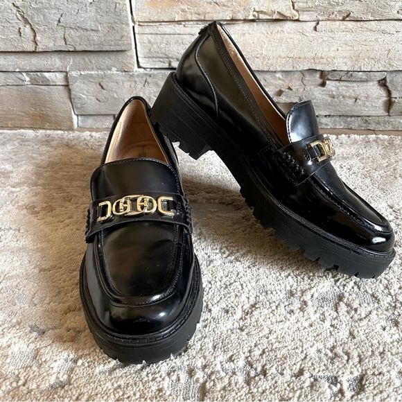 Sam Edelman Teagan Slip On Black Platform Loafers Gold Buckle Lug Sole Leather - Picture 1 of 11